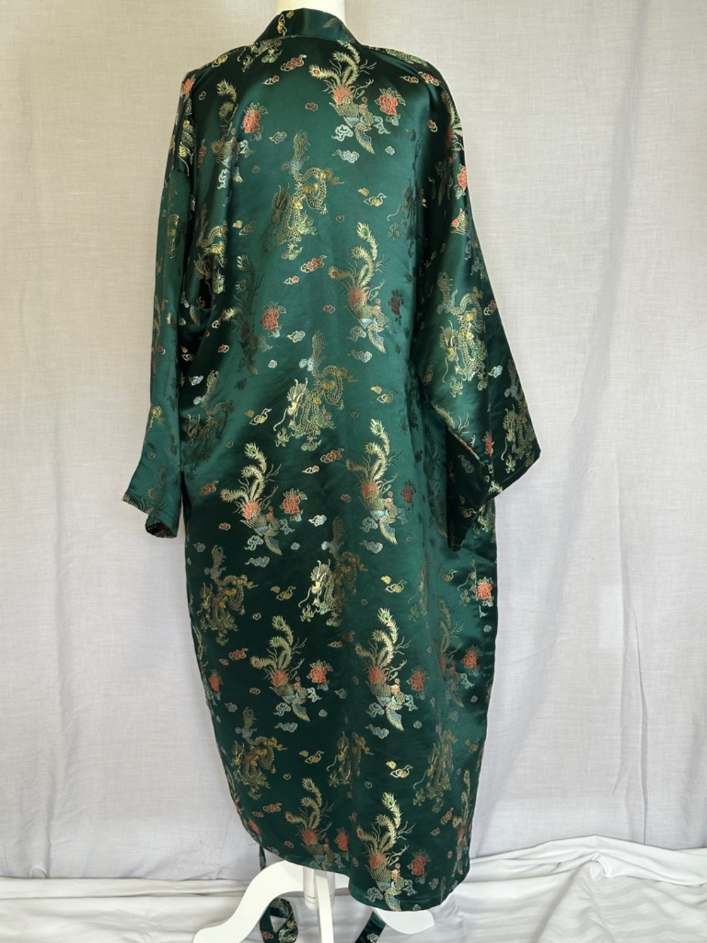 Emerald Green Floral Satin Wrap Coat Kimono - Picture 3 of 13